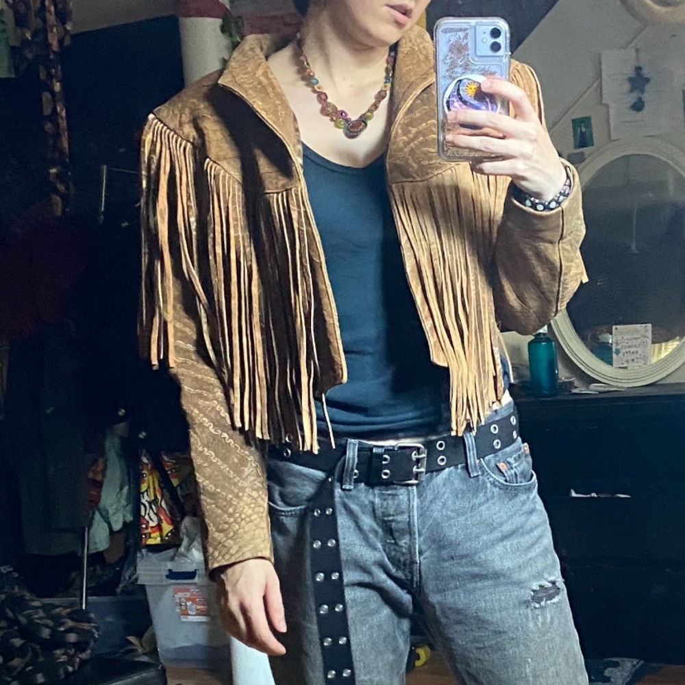 tan leather fringe jacket